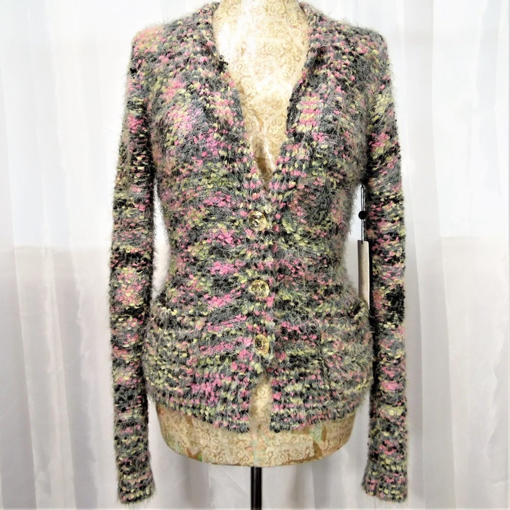 Fuzzy Multicolor Popcorn Knit Button Up Cardigan … - image 1